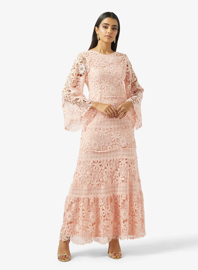 Flared Sleeve Crew Neck Maxi Dress